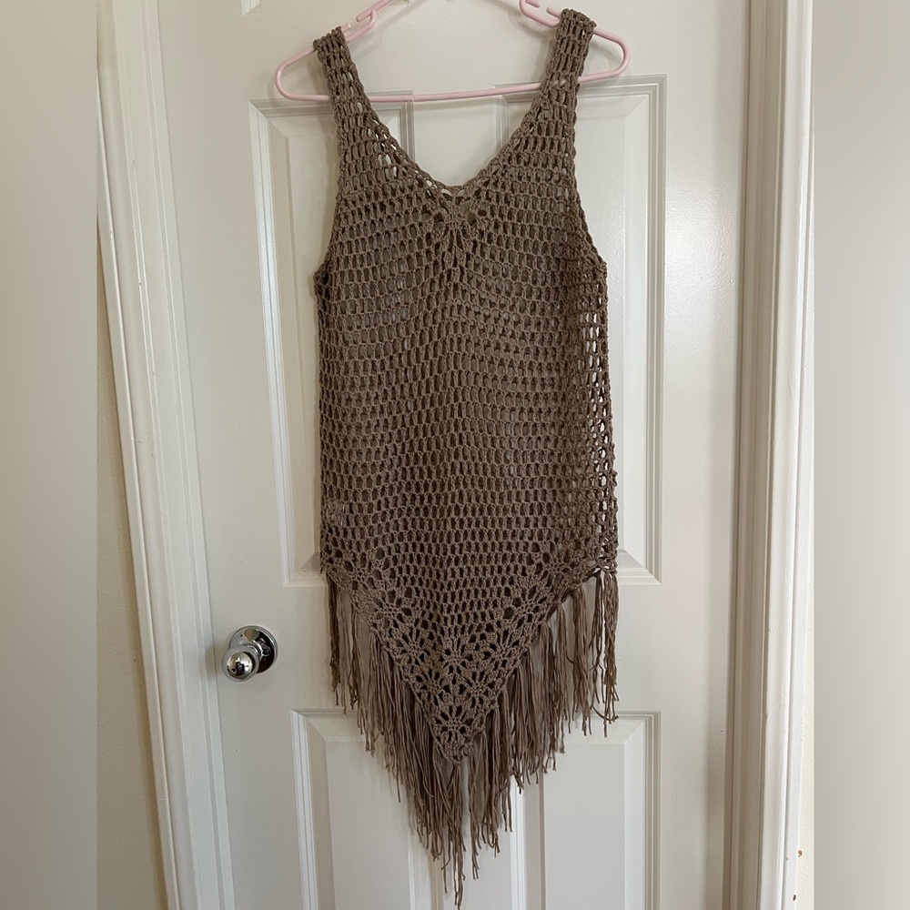 Boho Brown Crochet Swim Coverup with Fringe